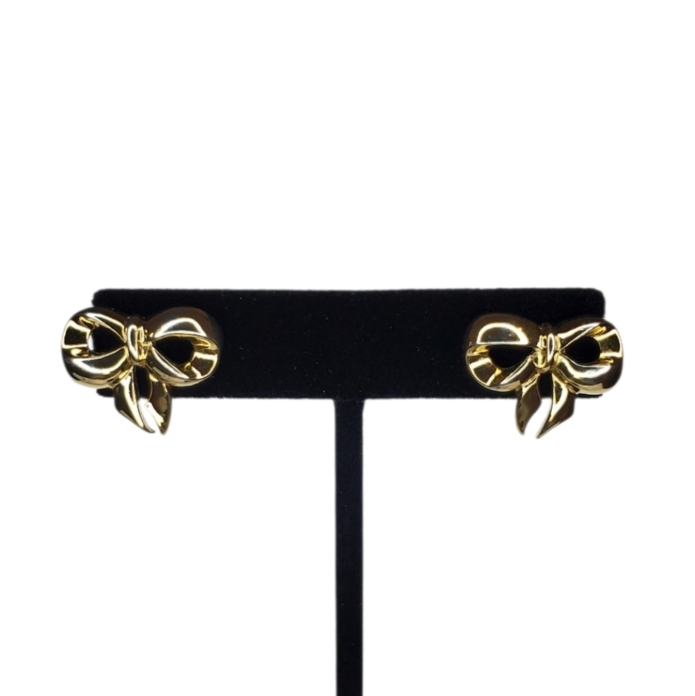 Estate Unsigned Gold-Tone Ribbon Bow Stud Post Back Earrings